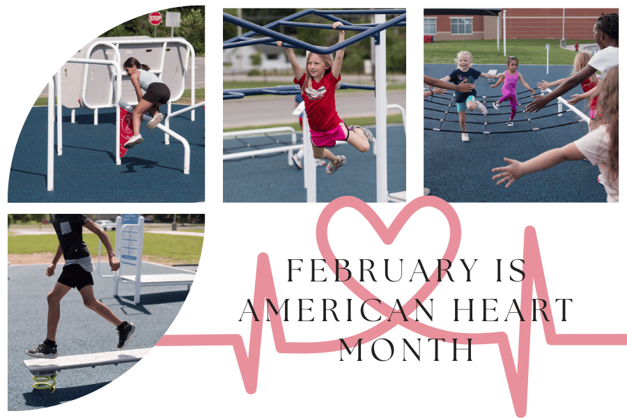  Elementary-aged children playing on outdoor fitness equipment on their school campus with a text overlay that reads, "February is American Heart Month."
