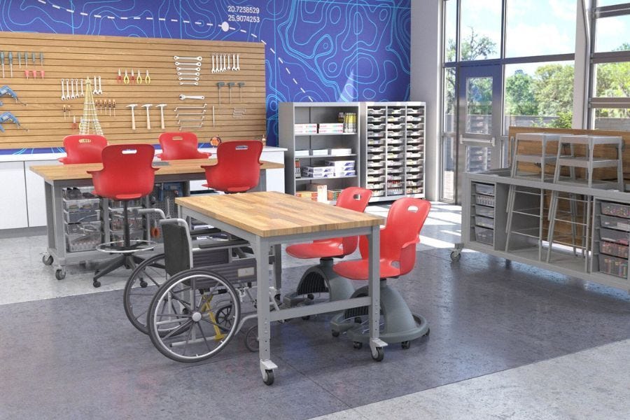 Classroom work tables and workstations in a school shop class and makerspace