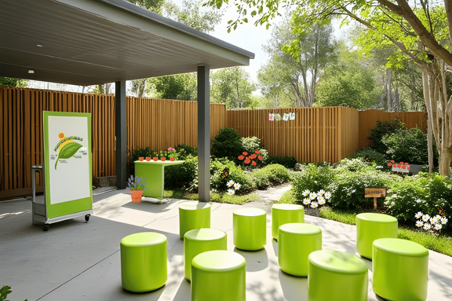  Outdoor learning space with vibrant green stools arranged for students in a school garden setting.