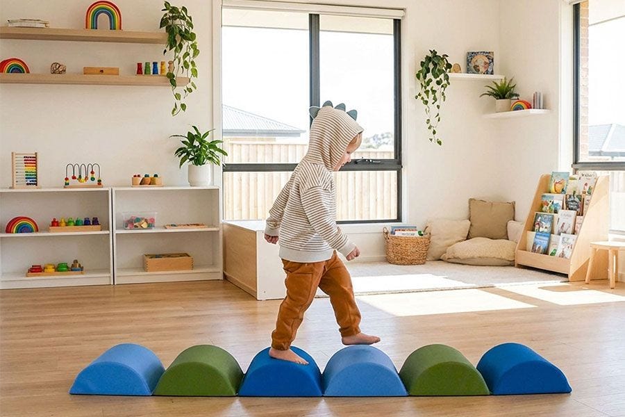 Child walking across a colorful sensory path in a bright classroom with shelves, books, and learning materials.
