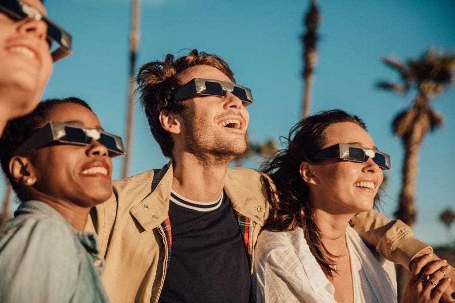 Group of friends wearing eclipse glasses ready to watch a solar eclipse.