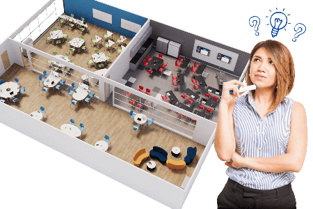 Bird’s-eye view of three classroom layouts featuring different arrangements of desks, chairs, tables, and soft seating, with a teacher standing nearby considering ideas for the upcoming school year.