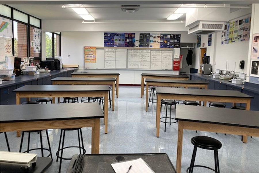 National Public Seating science lab tables and padded stools arranged throughout David Gundrum’s science classroom at St. Genevieve High School in Panorama City, California.