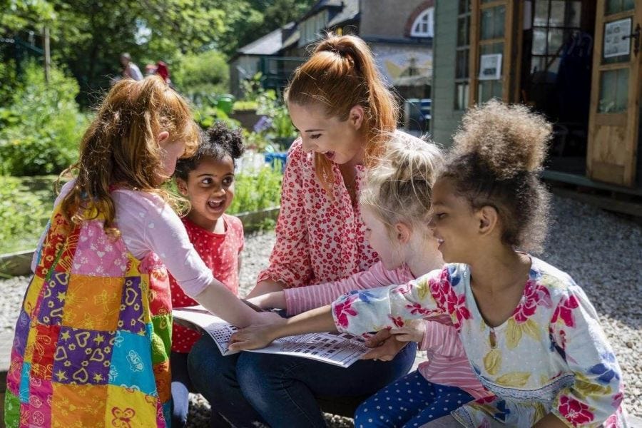 Teacher and group of students studying in the schoolyard summer school concept