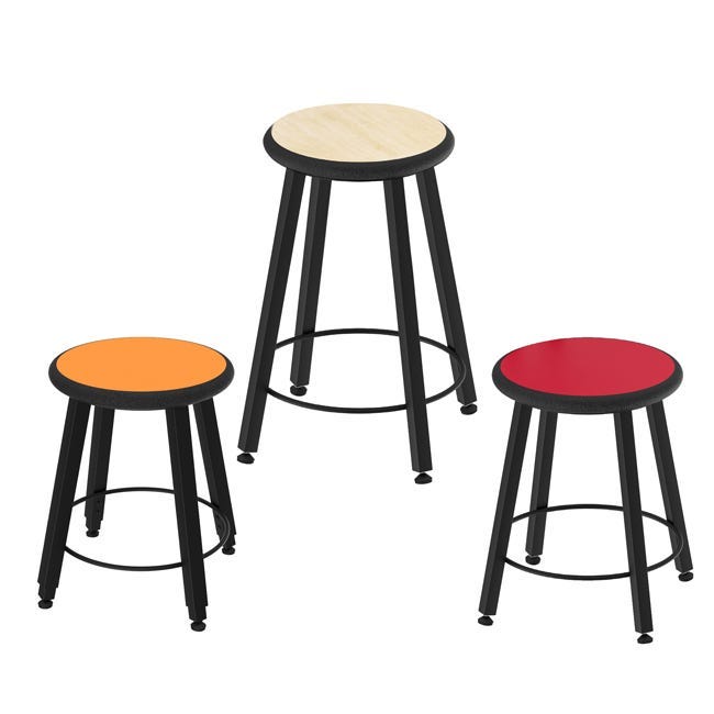 Three stools with colorful tops and black frames.