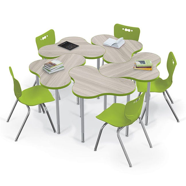 Wave and dogbone-shaped collaborative desks creating creative group layouts