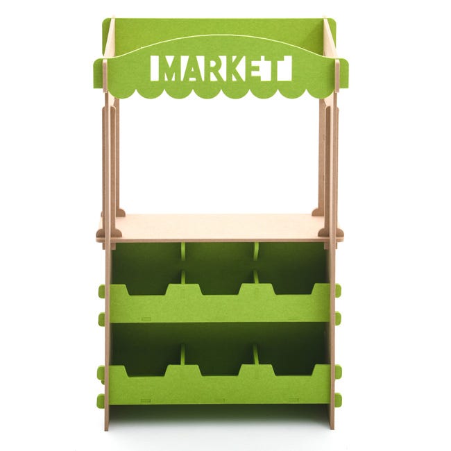 Pretend farmers market for early childhood dramatic play featuring six cubbies for storing plastic play produce. Pretend farmers market for early childhood dramatic play featuring six cubbies for storing plastic play produce.