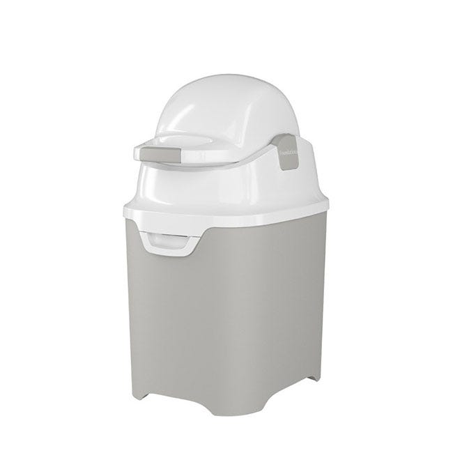 Small gray preschool and daycare diaper pail with white lid by Foundations