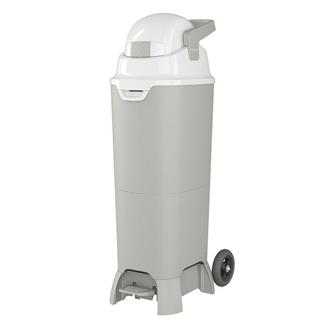 Tall gray preschool and daycare diaper pail with wheels by Foundations