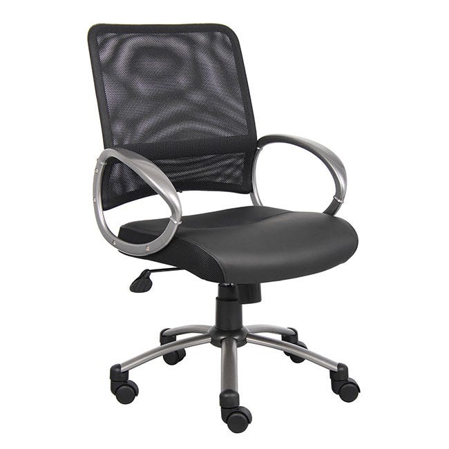 Modern mesh back chair with leather seat upholstery and pewter finished loop arms. Modern mesh back chair with leather seat upholstery and pewter finished loop arms.