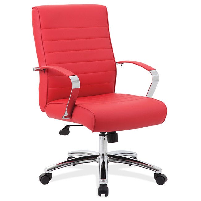 Red mid back office chair with chrome base.