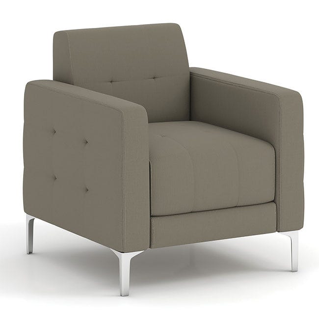 Reception area club chair with retro accents and button tufted upholstery. Reception area club chair with retro accents and button tufted upholstery.