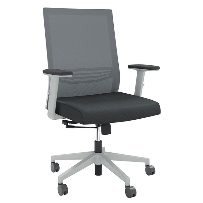 Mesh back office chair with adjustable arms.