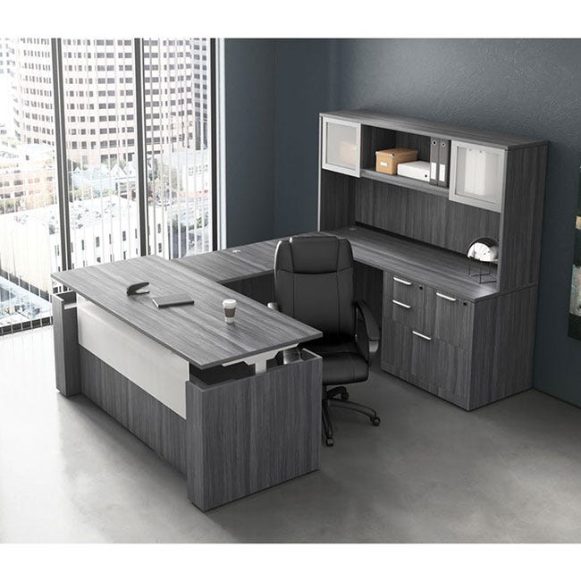 U-shaped executive suite with an adjustable-height stand-up desk. U-shaped executive suite with an adjustable-height stand-up desk.