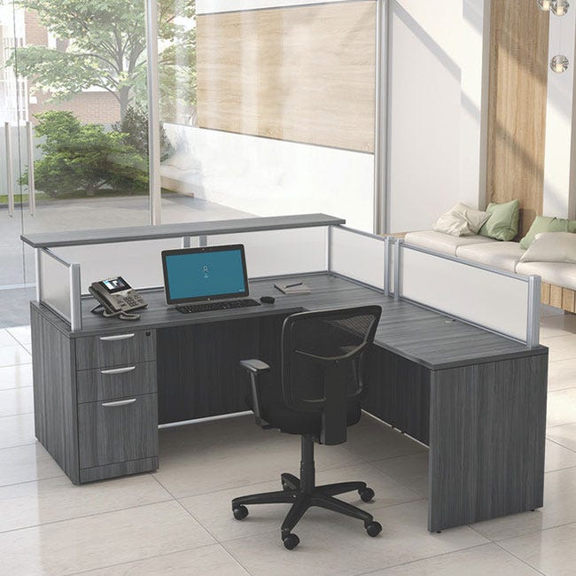 L-shaped reception desk with transaction shelf.