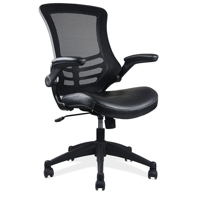 Mesh back office chair with flip arms and casters.