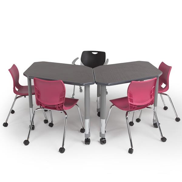 Diamond-shaped collaborative desks forming geometric clusters in a classroom