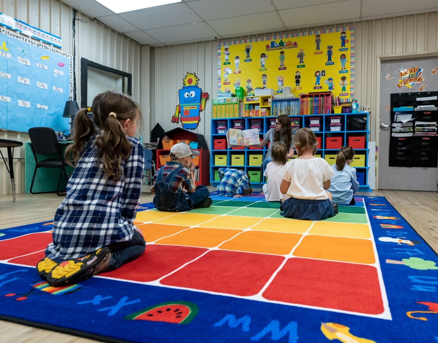 Classroom area rugs for circle time in a colorful preschool or elementary school learning space
