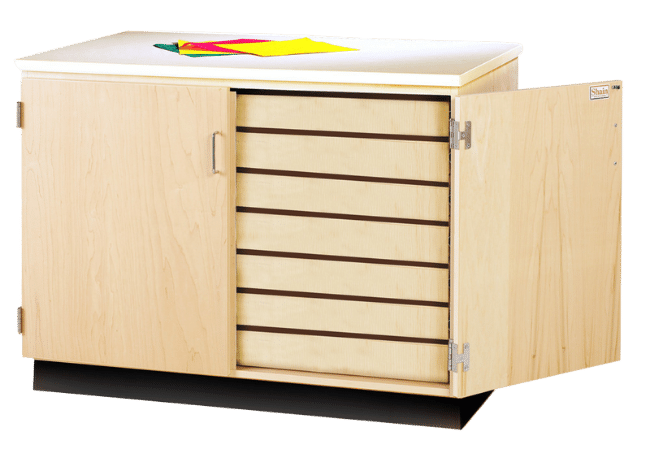 Worthington Direct Seven drawer paper storage cabinet with one door open.