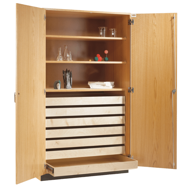 Worthington Direct Flat file storage cabinet with its doors open and six flat files.