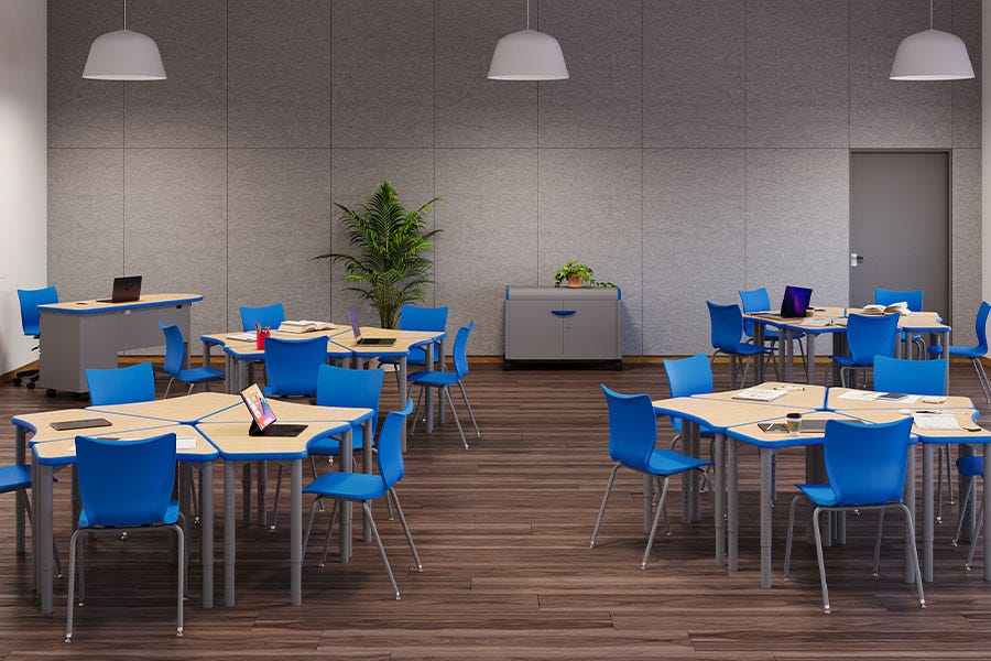 Worthington Direct Classroom with four collaborative desk pods and open aisles for easy teacher circulation.