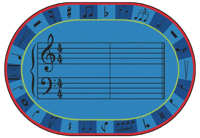 Worthington Direct Oval-shaped rug featuring musical notes, bars, and symbols on a blue background with a thin red border, perfect for a music classroom for young learners.
