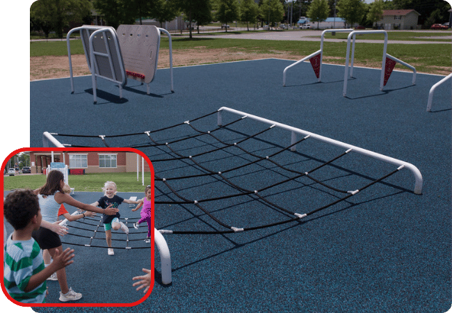 Worthington Direct A young student running through a rope obstacle course while other students reach out to give high-fives on a school playground.