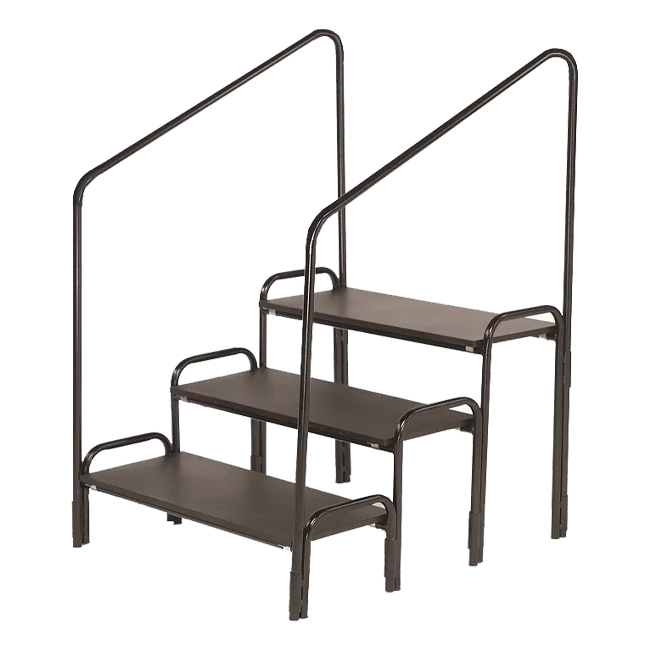 Worthington Direct Set of stage stairs with three steps and sturdy handrails on both sides, designed for safe access to elevated platforms or stages.