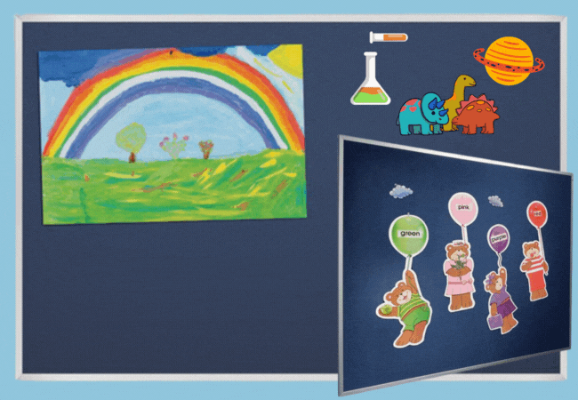 Worthington Direct Blue bulletin board with a children's drawings tacked to it.