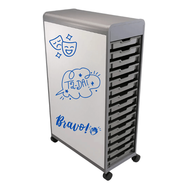 Worthington Direct Tall mobile storage unit with a double-sided whiteboard and multiple storage trays, ideal for organizing props and supplies in a theater classroom.