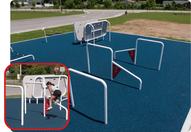 Worthington Direct Young girl jumping over a hurdle-like piece of physical equipment on a school playground.