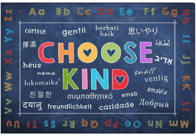 Brightly colored rug with a blue background featuring the words "Choose Kind" in bold, multicolored letters.