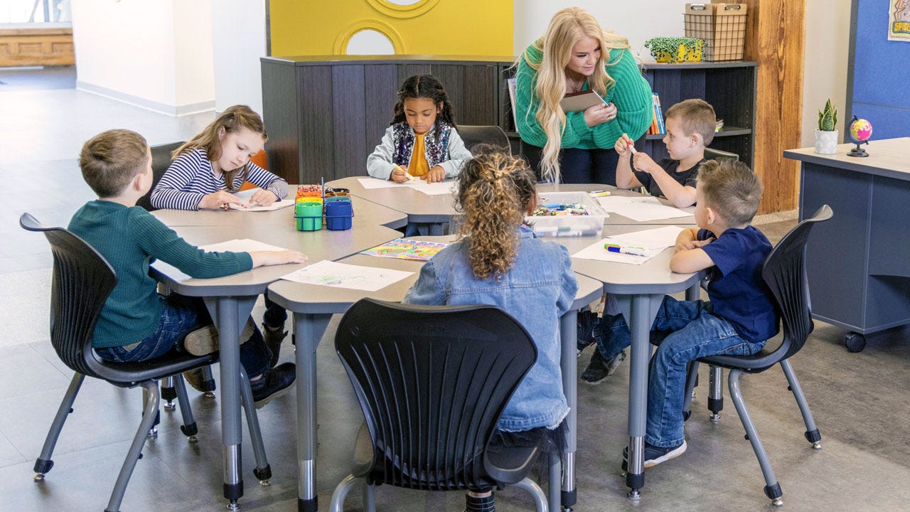 Overview of a classroom with multiple collaborative desk clusters and whiteboards