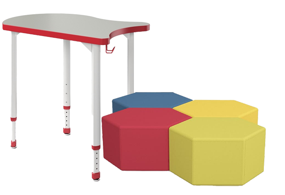 Collaborative student desk paired with colorful soft seating. 
