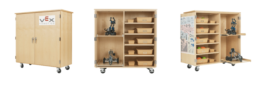 Worthington Direct Robotics storage cabinet with vex logo