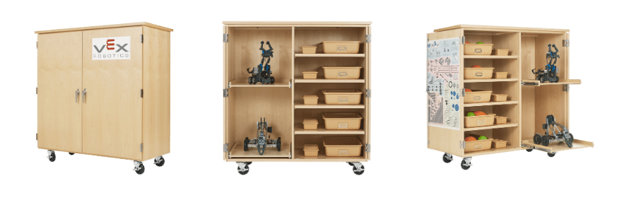 Robotics storage cabinet with vex logo