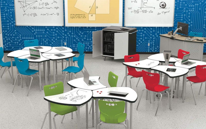Dry erase tables in a classroom used for group work and student collaboration