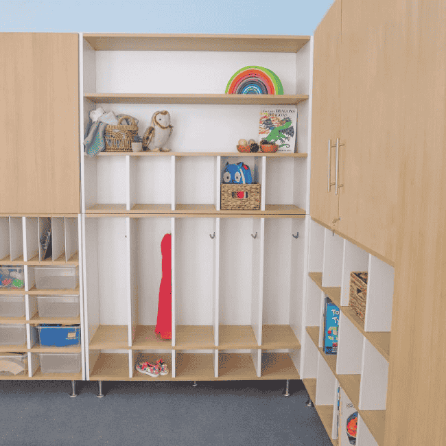 Early childhood locker inside a classroom setting, designed for young children to store personal items.