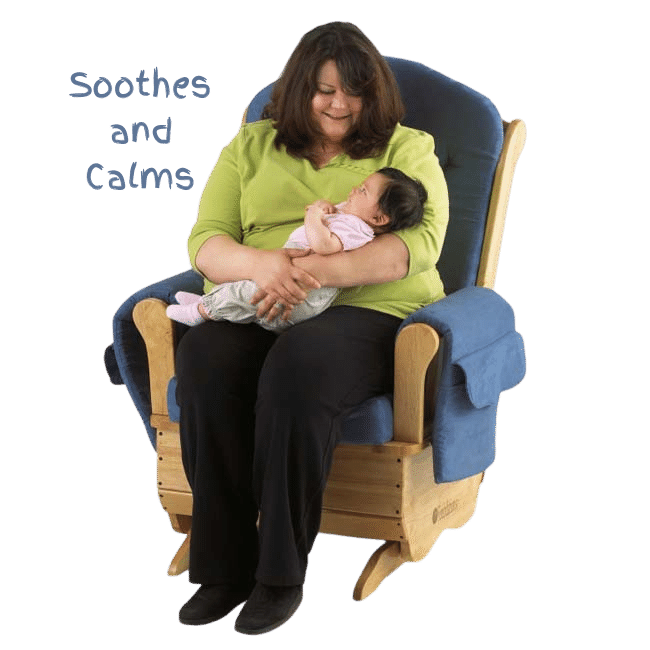 Woman holding a baby in a glider rocking chair. 