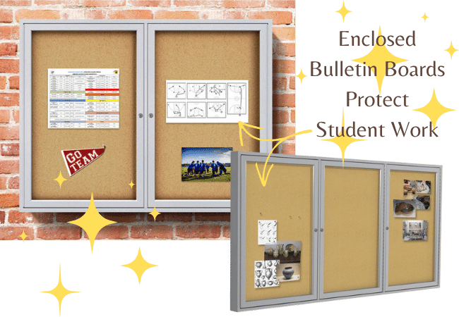 Aluminum framed enclosed cork bulletin board with papers pinned inside. 