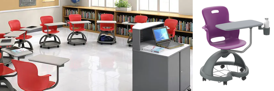 Purple mobile classroom desk with cupholder. 