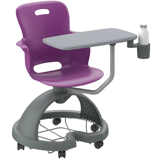 Purple mobile classroom desk with cupholder. 