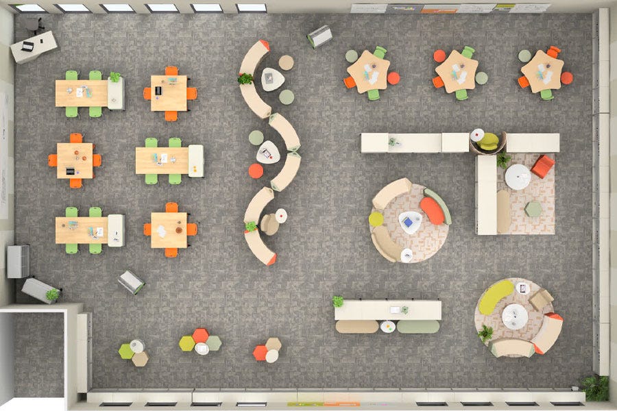 Overhead classroom layout showing individual student tables, curved seating areas, collaborative workstations, and colorful furniture arrangements by Smith System.