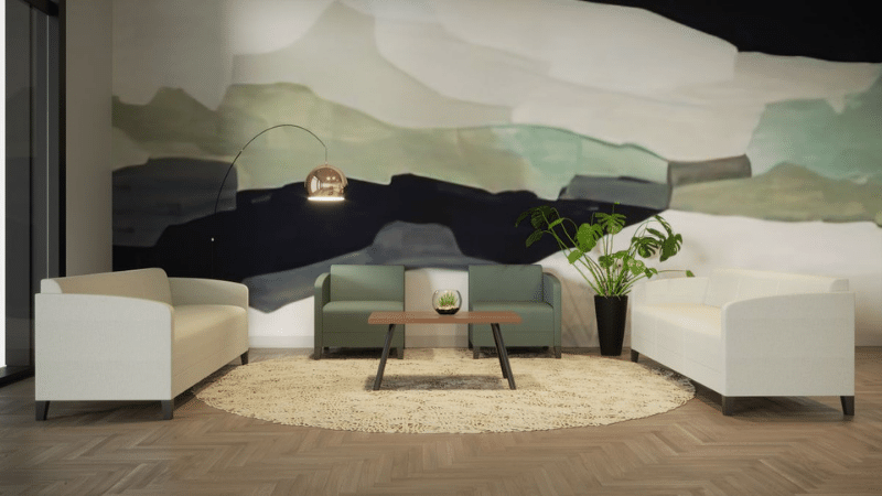 Worthington Direct Cozy reception waiting room with white couches and wall mural.