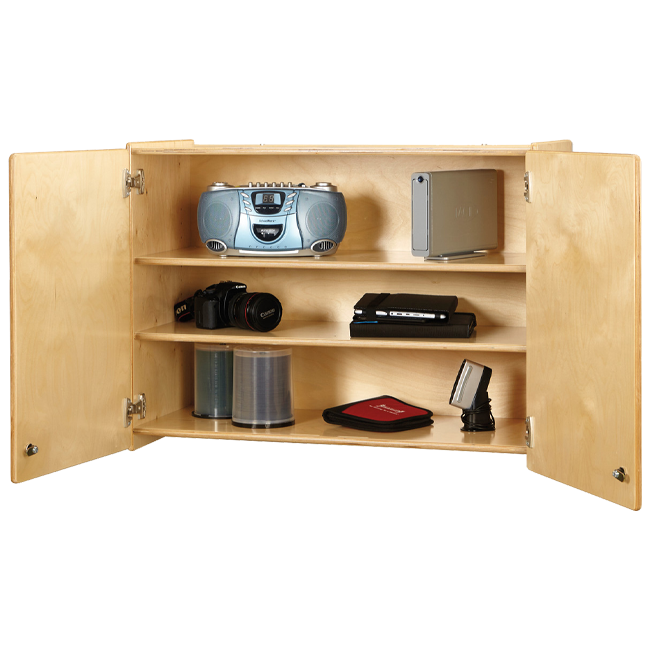 Wall-mounted, lockable two-door cabinet with open doors, displaying various classroom supplies and materials stored inside.