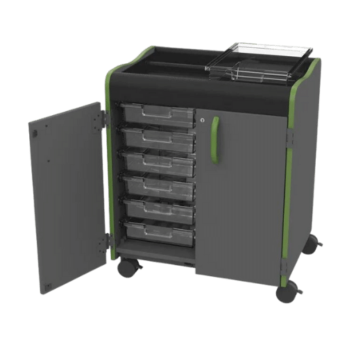 Makerspace and robotics mobile storage cart with trays and bins