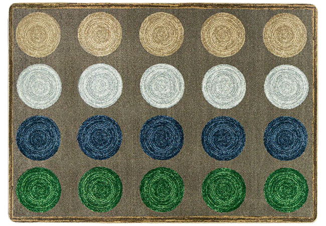 Worthington Direct Mindful Seating Carpet by Joy Carpets with colorful seating circles on an earthy brown background, offering twenty spaces for group activities and story time in an early learning environment.