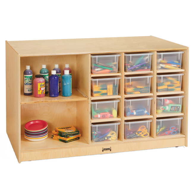 Preschool mobile storage unit with clear trays filled with classroom supplies and shelves holding school materials.