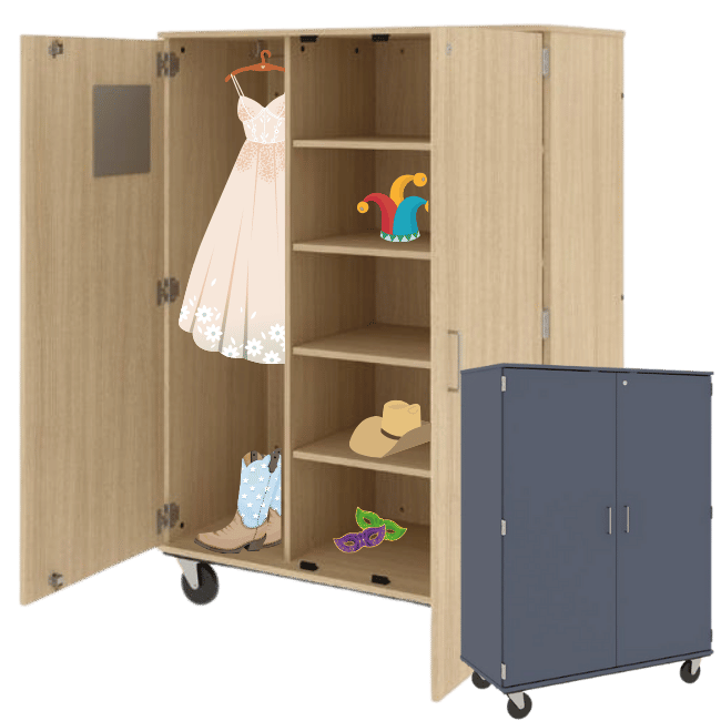 Worthington Direct Mobile wardrobe with doors open, showing a variety of costumes like hats and dresses hanging inside, designed for classroom dramatic play.