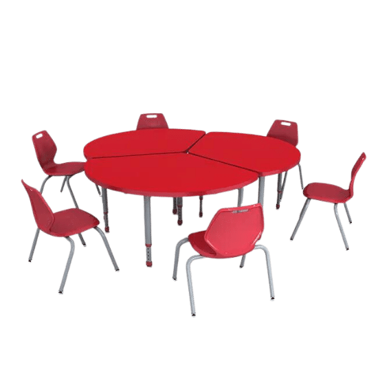 Worthington Direct Red collaborative classroom table with chairs.